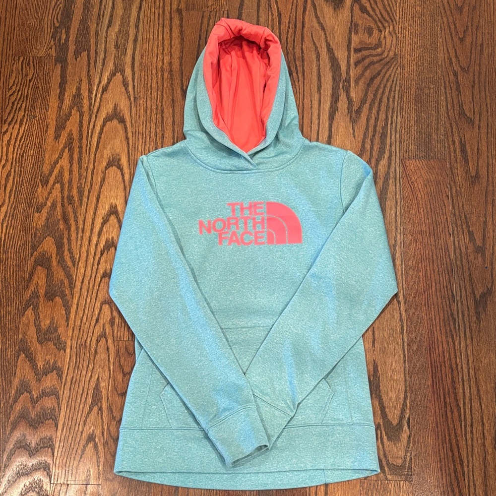 North Face women’s hoodie. Size small. Teal/seafoam green with pink lettering.